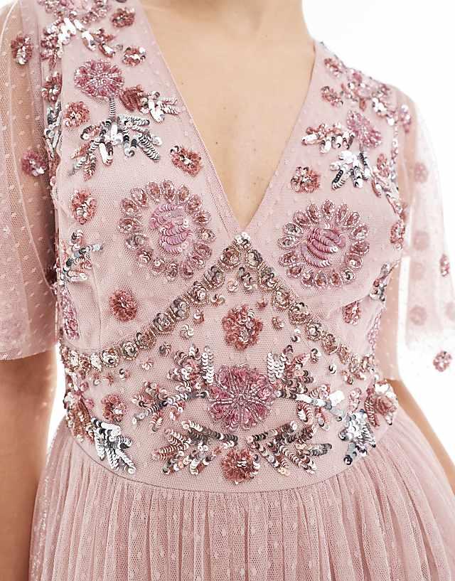Asos Maya Floral Embellished Polka Dot Mesh Maxi Bridesmaid Dress In Blush Pink