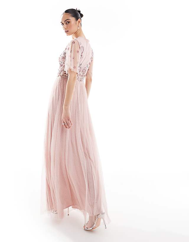 Asos Maya Floral Embellished Polka Dot Mesh Maxi Bridesmaid Dress In Blush Pink