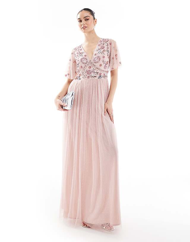 asos Maya Floral embellished Polka Dot mesh maxi bridesmaid dress in blush pink
