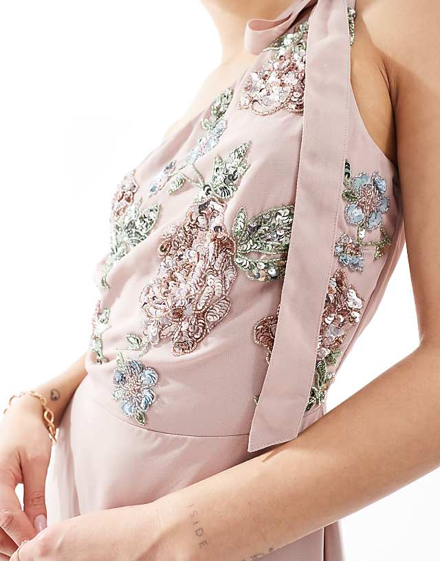 Asos Maya Floral Embellished Self-tie One Shoulder Maxi Dress In Frosted Pink