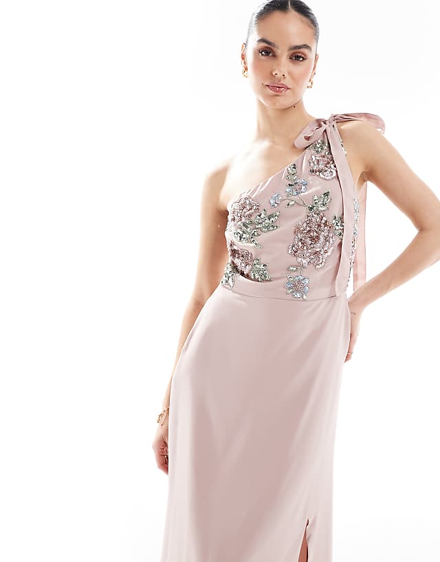 Asos Maya Floral Embellished Self-tie One Shoulder Maxi Dress In Frosted Pink