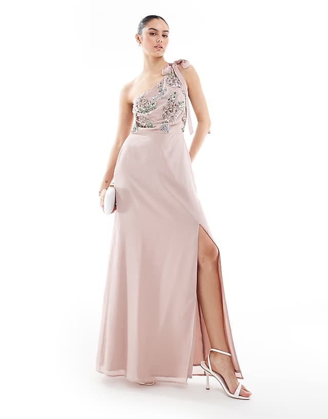 asos Maya Floral embellished self-tie one shoulder maxi dress in frosted pink