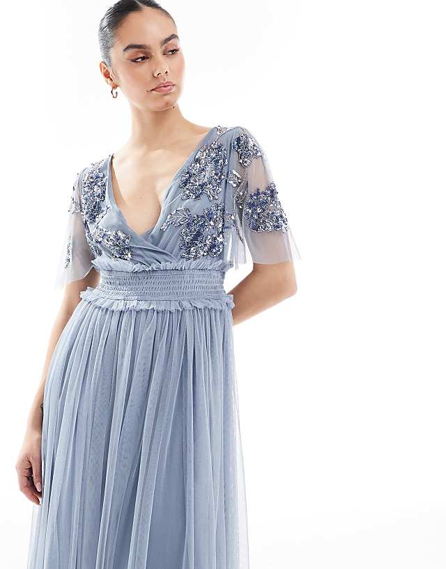 Asos Maya Floral Embellished Shirred Waist Short Sleeve Maxi Bridesmaid Dress In Dusty Blue