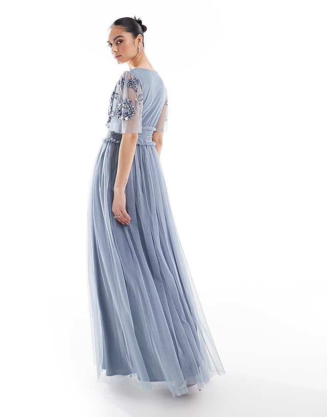 Asos Maya Floral Embellished Shirred Waist Short Sleeve Maxi Bridesmaid Dress In Dusty Blue
