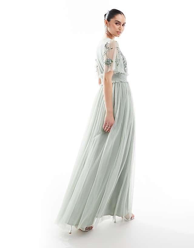 Asos Maya Floral Embellished Shirred Waist Short Sleeve Maxi Bridesmaid Dress In Sage Green