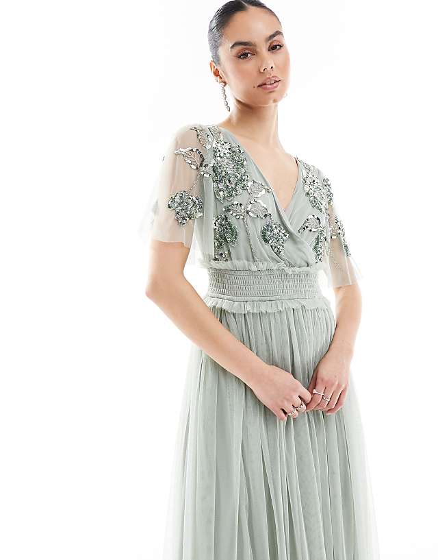 Asos Maya Floral Embellished Shirred Waist Short Sleeve Maxi Bridesmaid Dress In Sage Green