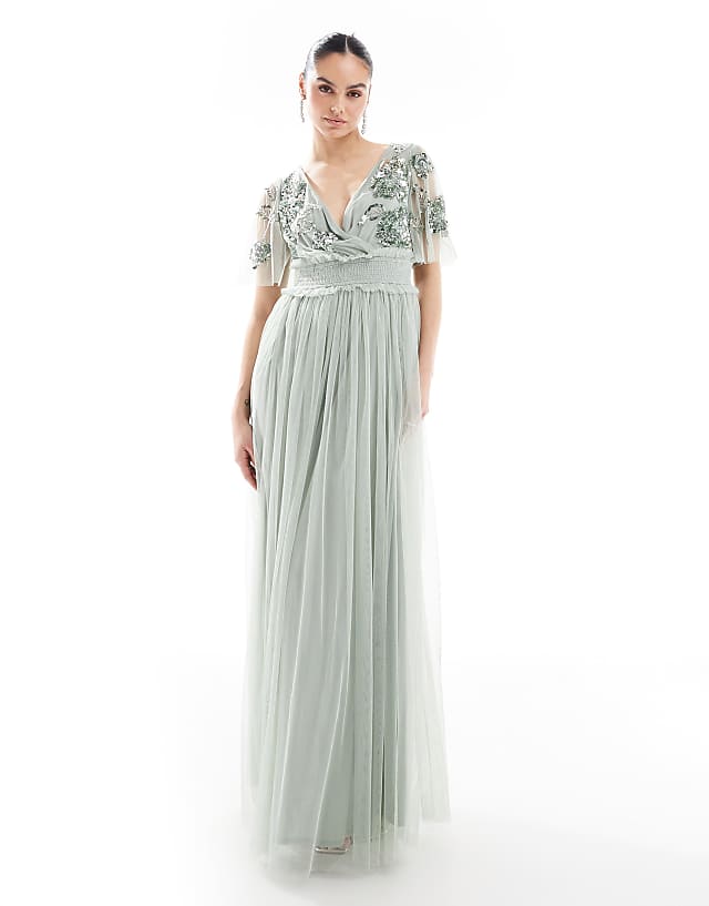 asos Maya Floral embellished shirred waist short sleeve maxi bridesmaid dress in sage green