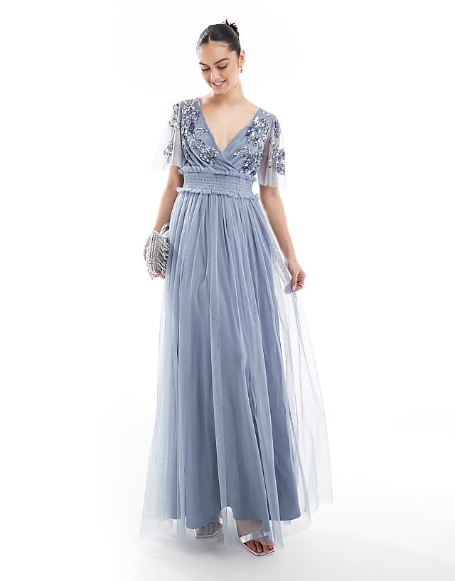 asos Maya Floral embellished shirred waist short sleeve maxi bridesmaid dress in dusty blue