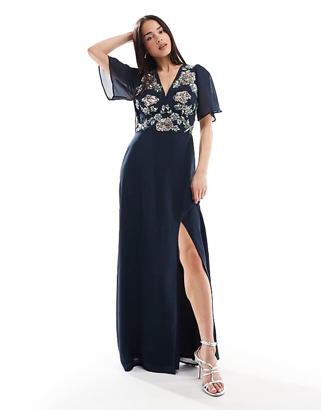 Asos Maya Floral Embellished Short Angel Sleeve Maxi Dress In Navy