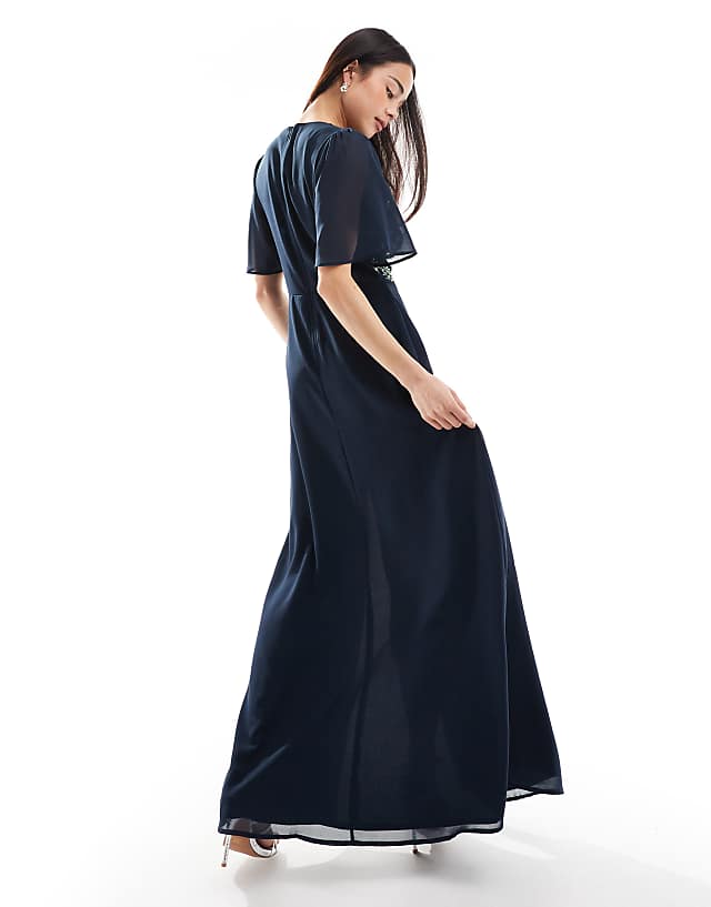 Asos Maya Floral Embellished Short Angel Sleeve Maxi Dress In Navy