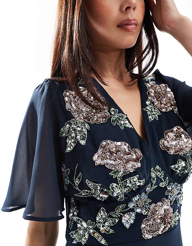 Asos Maya Floral Embellished Short Angel Sleeve Maxi Dress In Navy