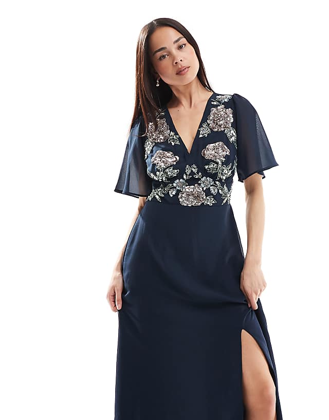 asos Maya Floral embellished short angel sleeve maxi dress in navy