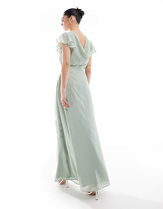 Asos Maya Floral Embroidered Cowl Back Maxi Bridesmaid Dress In Sage Green