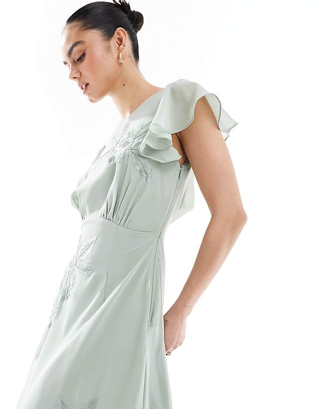 Asos Maya Floral Embroidered Cowl Back Maxi Bridesmaid Dress In Sage Green