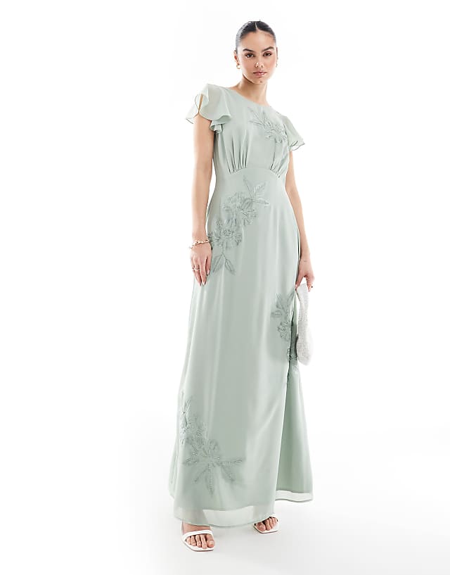 asos Maya Floral embroidered cowl back maxi bridesmaid dress in sage green