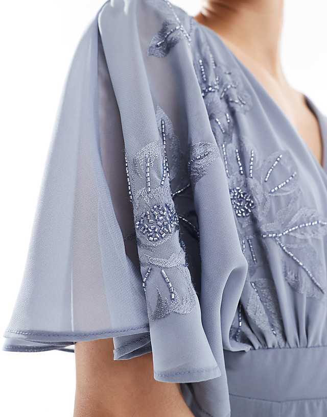 Asos Maya Floral Embroidered Short Sleeve Maxi Bridesmaid Dress In Dusty Blue