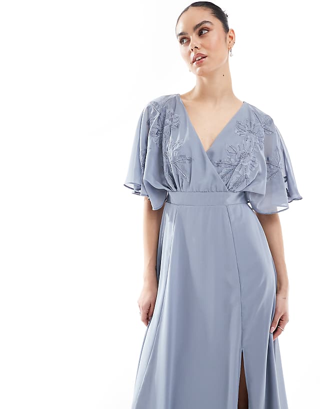 Asos Maya Floral Embroidered Short Sleeve Maxi Bridesmaid Dress In Dusty Blue