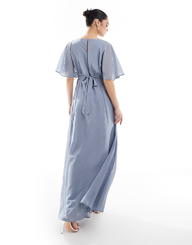 Asos Maya Floral Embroidered Short Sleeve Maxi Bridesmaid Dress In Dusty Blue