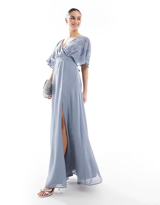 asos Maya Floral embroidered short sleeve maxi bridesmaid dress in dusty blue