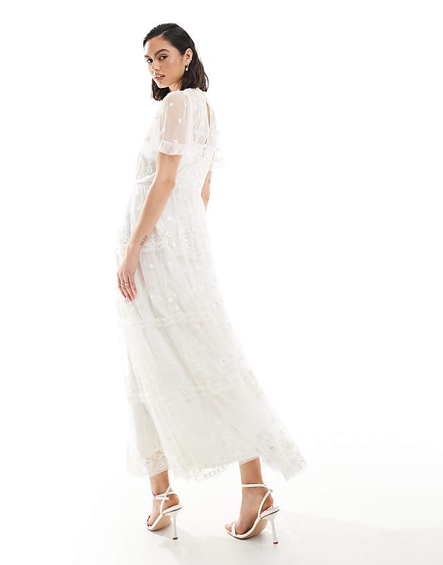 Asos Maya Floral Embroidered Short Sleeve Midi Dress In White