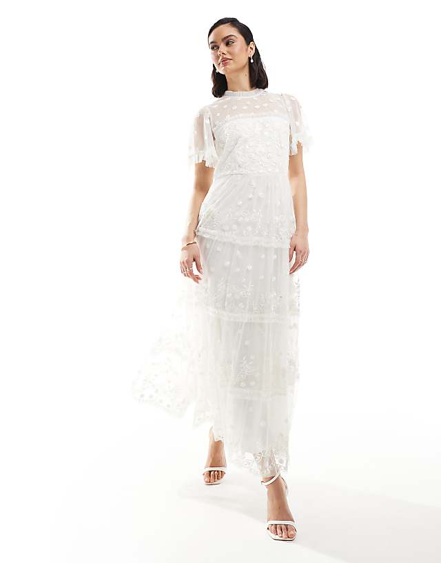 Asos Maya Floral Embroidered Short Sleeve Midi Dress In White
