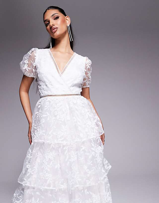 Asos Maya Floral Embroidered Tiered Organza Midi Dress In White