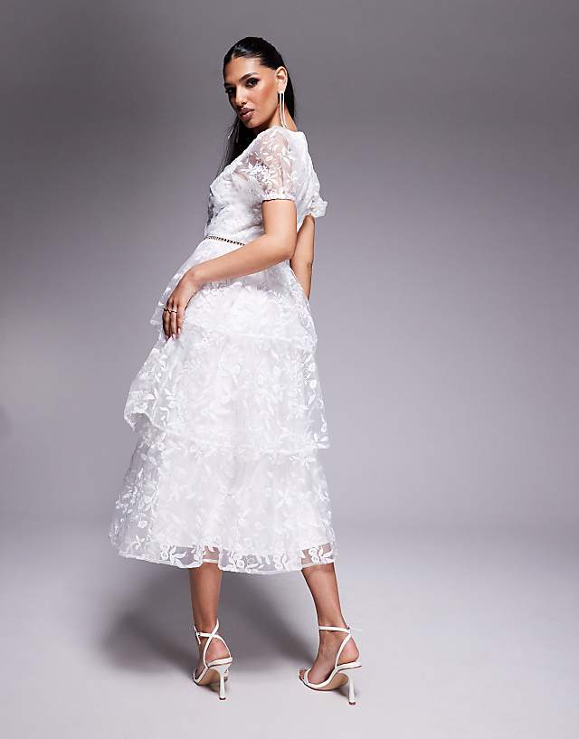 Asos Maya Floral Embroidered Tiered Organza Midi Dress In White