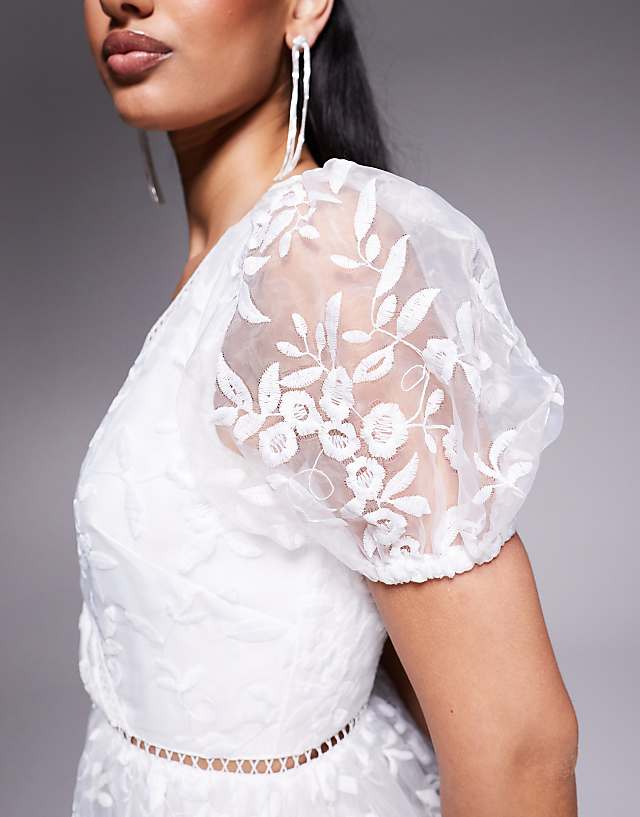 Asos Maya Floral Embroidered Tiered Organza Midi Dress In White