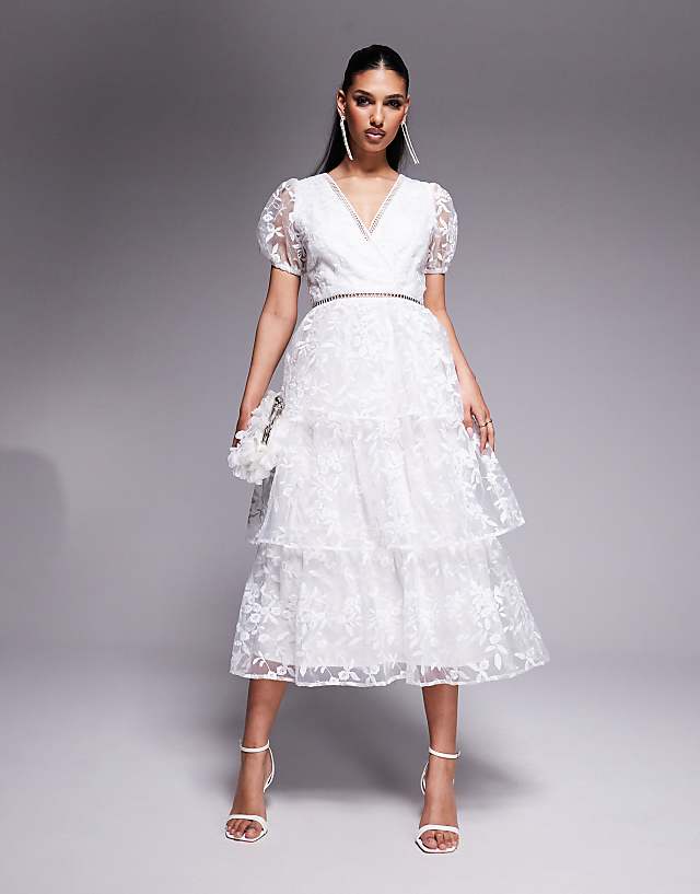 asos Maya Floral embroidered tiered organza midi dress in white