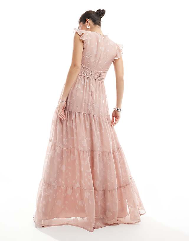 Asos Maya Floral Flutter Sleeve V Neck Maxi Dress In Blush Pink