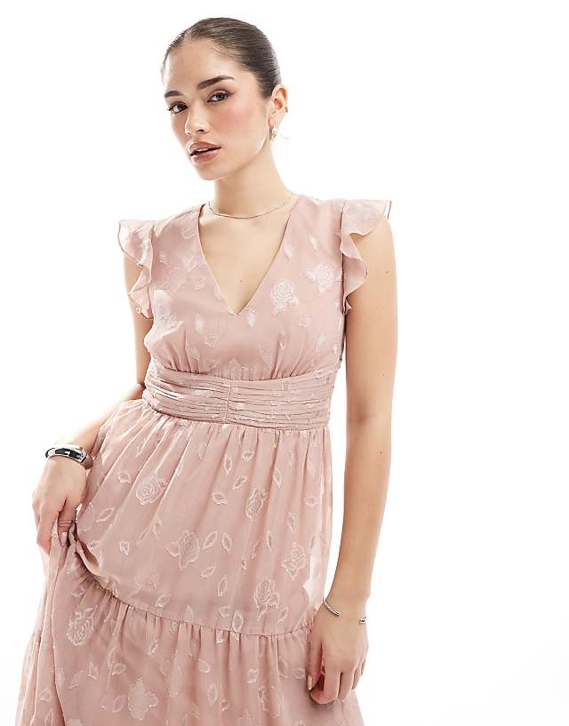 Asos Maya Floral Flutter Sleeve V Neck Maxi Dress In Blush Pink