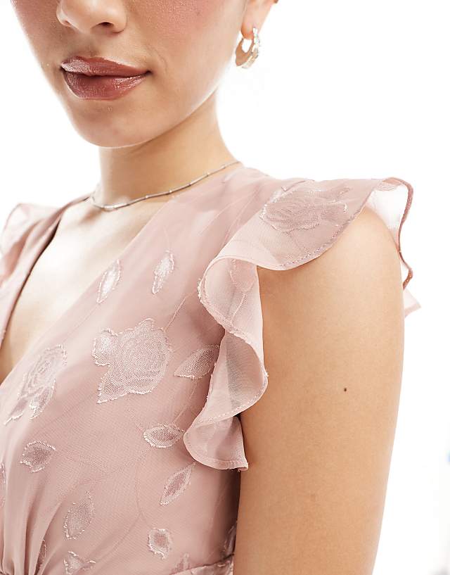 Asos Maya Floral Flutter Sleeve V Neck Maxi Dress In Blush Pink