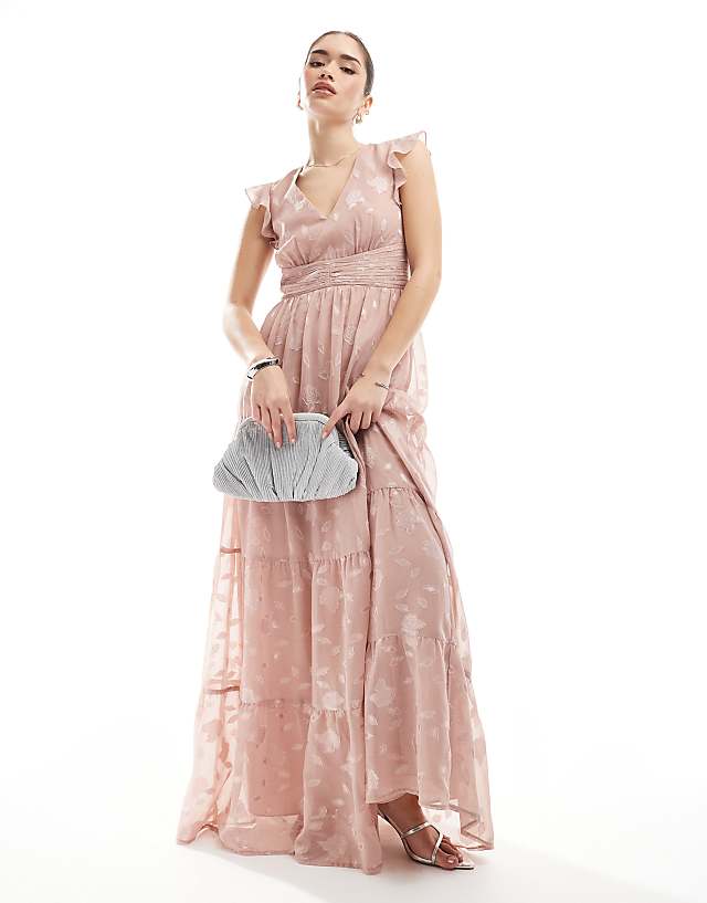asos Maya Floral flutter sleeve v neck maxi dress in blush pink