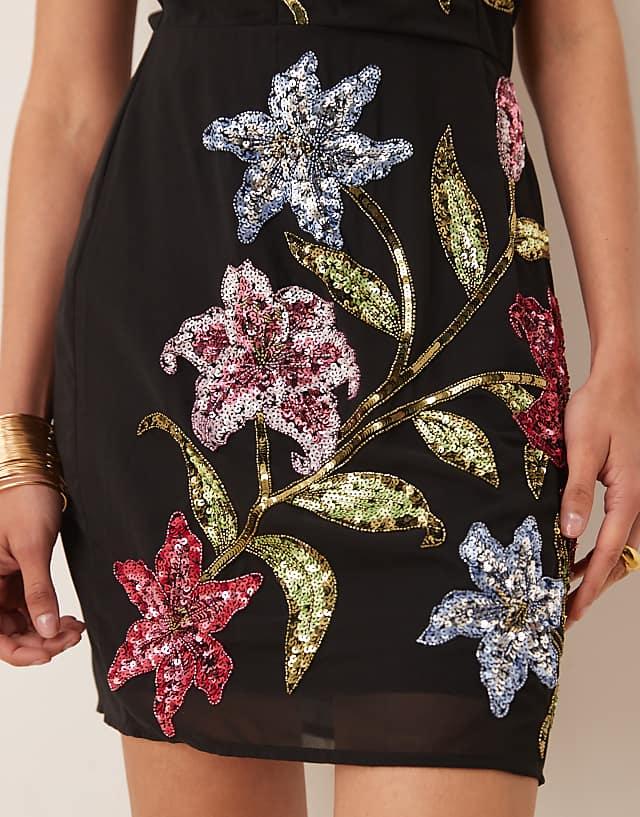 Asos Maya Floral Motif Halter Neck Mini Dress In Black
