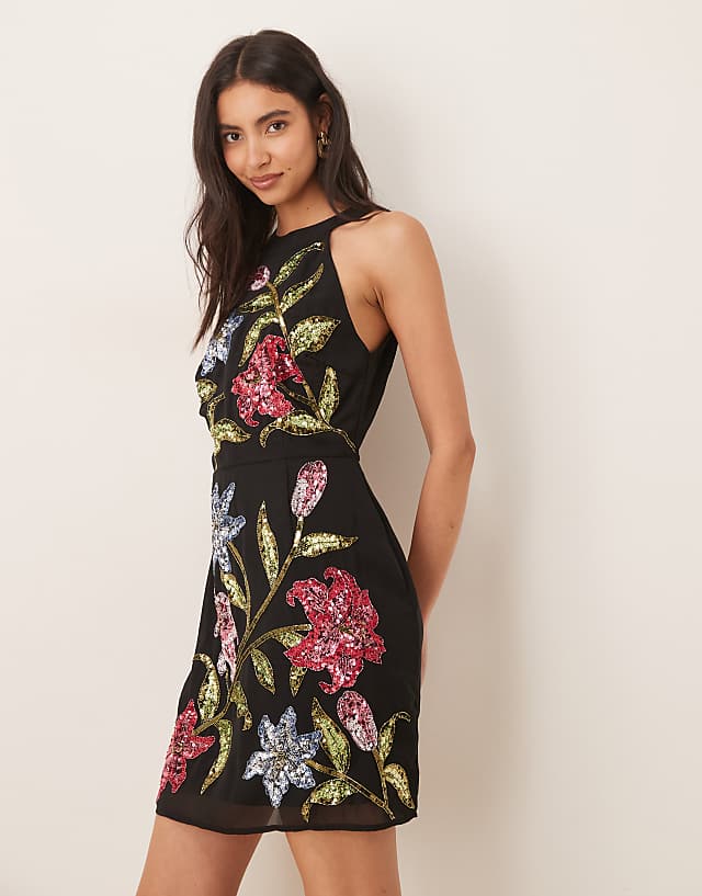 asos Maya Floral motif halter neck mini dress in black