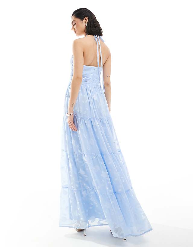 Asos Maya Floral Self-tie Halter Neck Maxi Dress In Light Blue