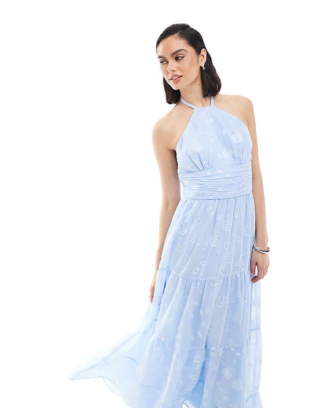 Asos Maya Floral Self-tie Halter Neck Maxi Dress In Light Blue
