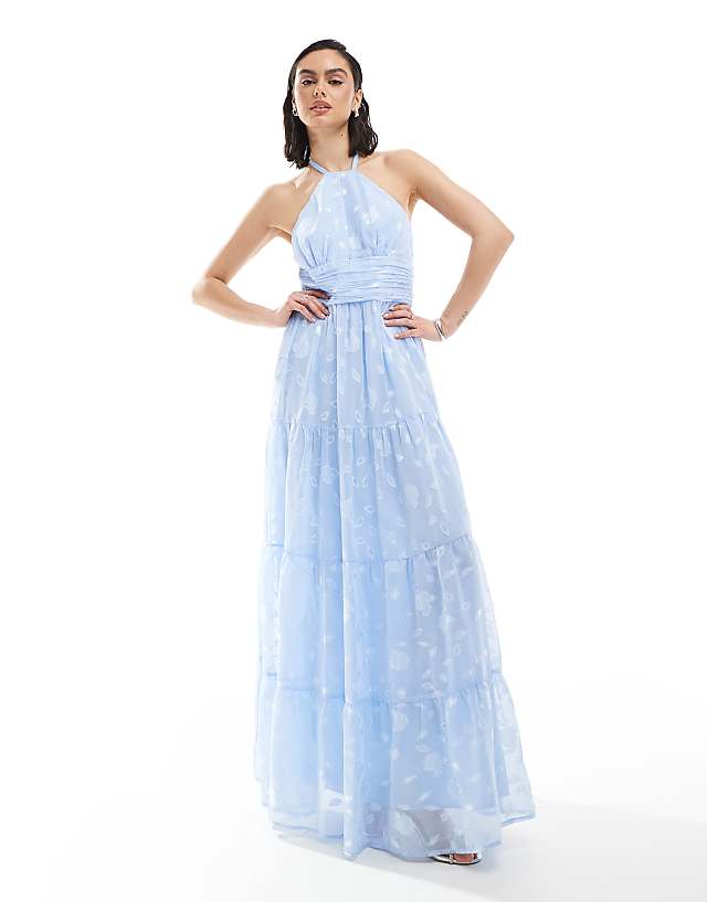 asos Maya Floral self-tie halter neck maxi dress in light blue