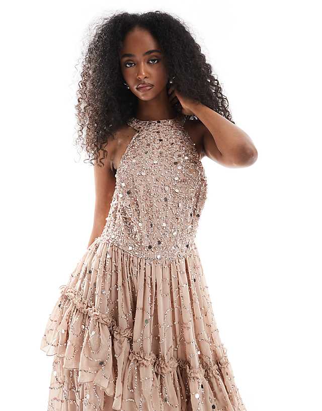 Asos Maya Fully Embellished Halter Neck Maxi Dress In Beige
