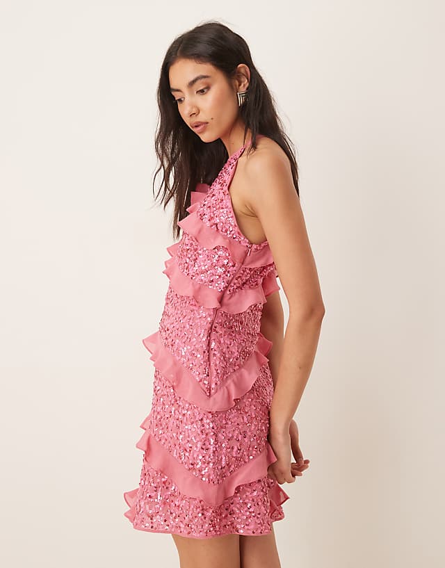 Asos Maya Fully Embellished Halter Neck Mini Dress In Rosey Pink