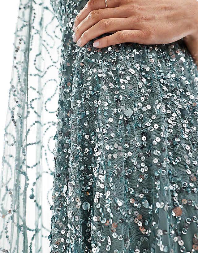 Asos Maya Fully Embellished High Neck Sleeveless Maxi Cape Dress In Misty Green
