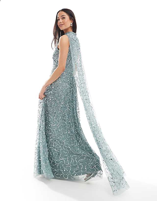 Asos Maya Fully Embellished High Neck Sleeveless Maxi Cape Dress In Misty Green