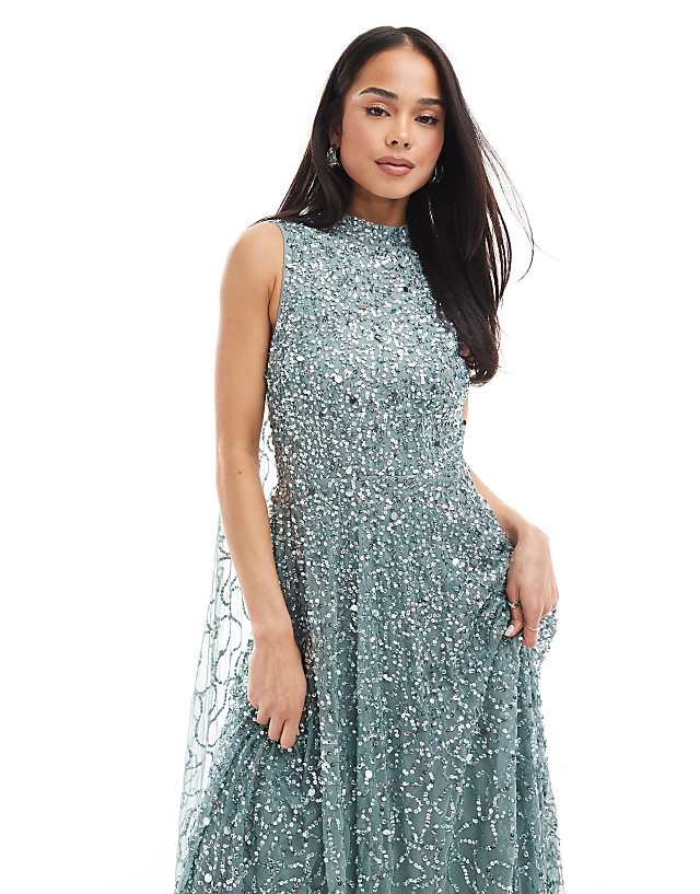 Asos Maya Fully Embellished High Neck Sleeveless Maxi Cape Dress In Misty Green