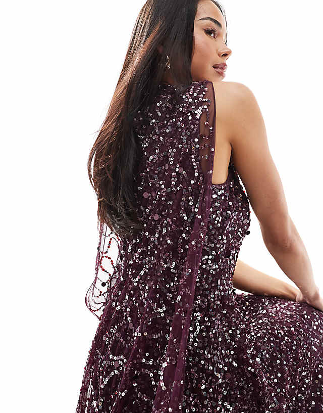 Asos Maya Fully Embellished High Neck Sleeveless Maxi Cape Dress In Berry