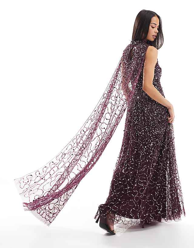 Asos Maya Fully Embellished High Neck Sleeveless Maxi Cape Dress In Berry