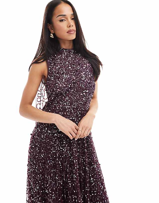 Asos Maya Fully Embellished High Neck Sleeveless Maxi Cape Dress In Berry