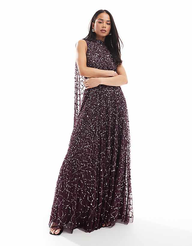 asos Maya Fully embellished high neck sleeveless maxi cape dress in berry