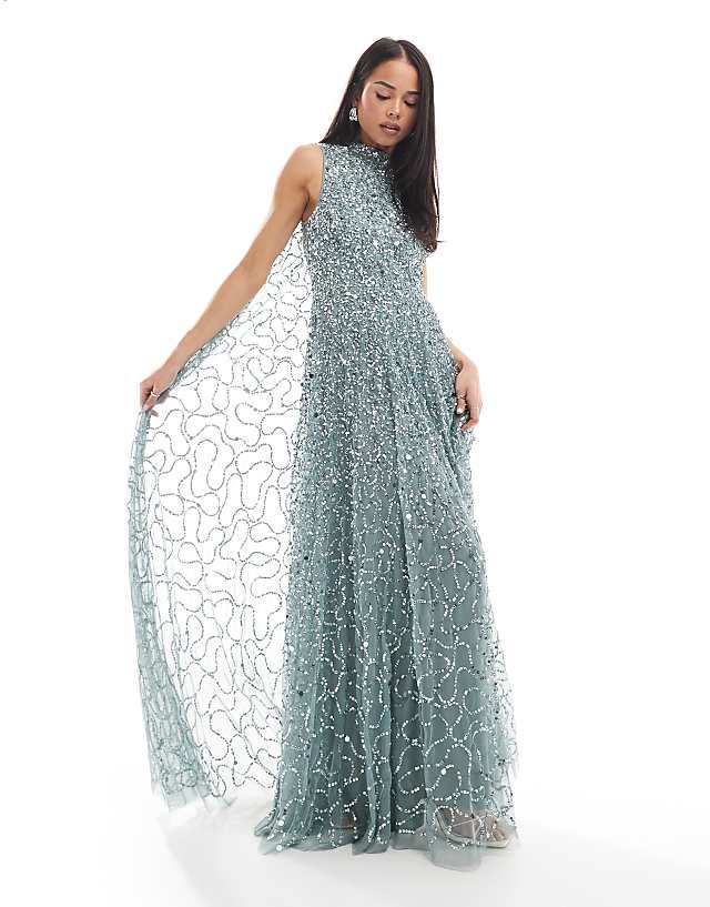 asos Maya Fully embellished high neck sleeveless maxi cape dress in misty green
