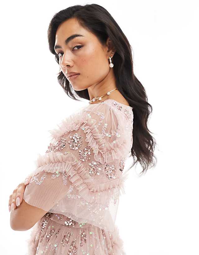 Asos Maya Fully Embellished Short Sleeve V Neck Ruffle Maxi Dress In Frosted Pink