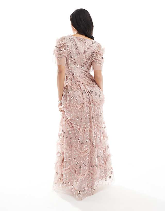 Asos Maya Fully Embellished Short Sleeve V Neck Ruffle Maxi Dress In Frosted Pink